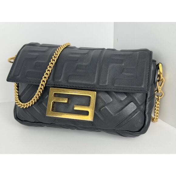 Fendi Mini Baguette FF Embossed Nappa Leather Black B-6 - Picture 1 of 16